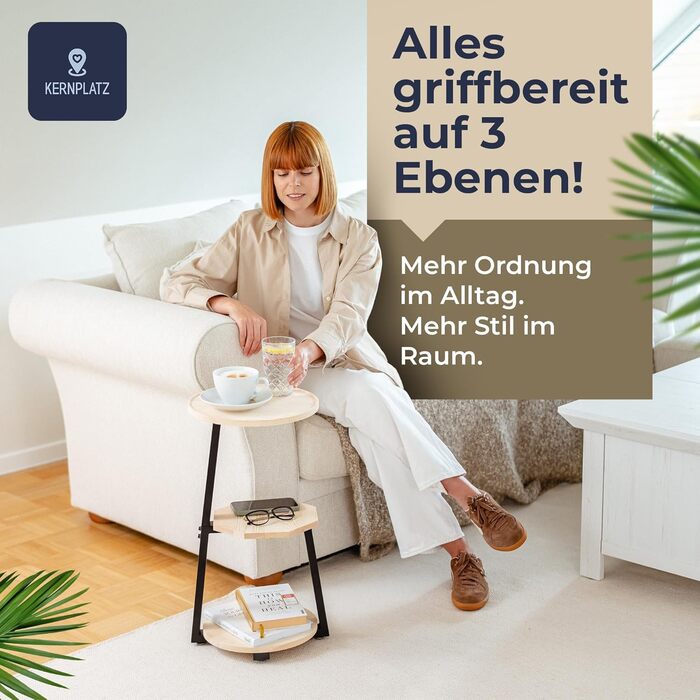 Круглий дерев&39яний журнальний столик ПЕРЕМОЖЕЦЬ ТЕСТУ з 3 полицями Край, що запобігає падінню, натуральний колір, декоративний столик та підставка для рослин для вітальні та спальні, високий столик поруч із диваном, ліжком та диваном