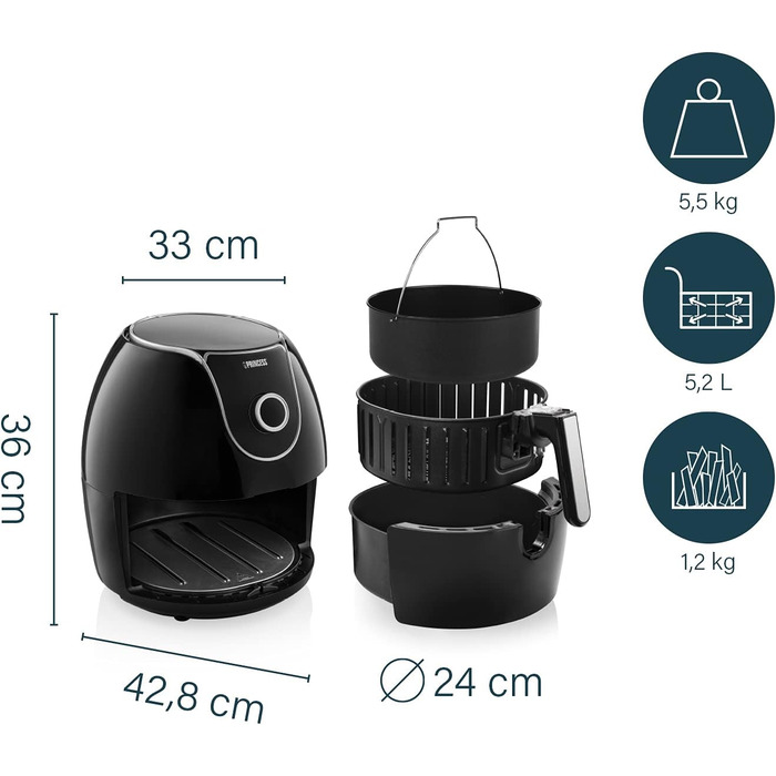 Фритюрниця Princess XXL 5.2 літра на 62.2 відсотка менше споживання енергії Цифровий дисплей і ручне керування 8 програм Aerofryer 182055, чорна фритюрниця 5.2 л