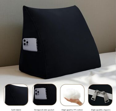 Оксамитова клиноподібна подушка для узголів&39я ліжка - Трикутна спинка для комфортного читання та сидіння (Чорна, 45x20x35 см) Чорний 45x20x35 см