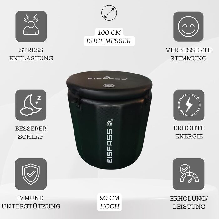 Льодова бочка з додатковою ізоляцією (100 см Ø x 95 см заввишки) для дорослих, ідеально підходить для крижаних ванн, приблизно 350 літрів. Підходить для холодової терапії, відновлення після занять спортом та крижаних ванн.