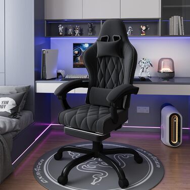 Ігрове крісло JUMMICO, тканинне з пружинною амортизацією, ергономічне офісне крісло з масажером. Ігрове крісло з підголівником, підставкою для ніг, регульована висота. Геймерське крісло, вантажопідйомність 150 кг, чорний колір