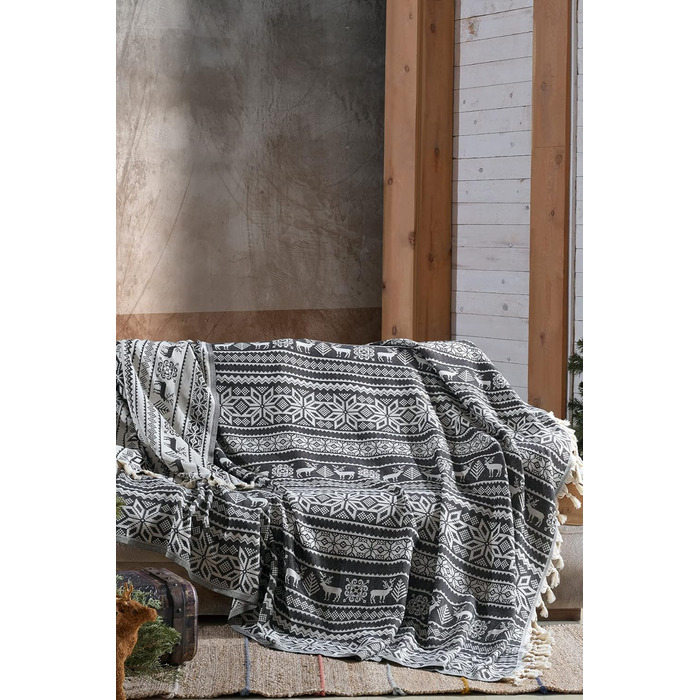 Покривало BOHORIA Premium Nordic 200x240 см - Покривало на ліжко, двосторонній плед, затишний плед, плед на диван з візерунком Дуже великий (200 x 240 см, Оленячий обсидіан) 200 x 240 см Оленячий обсидіан