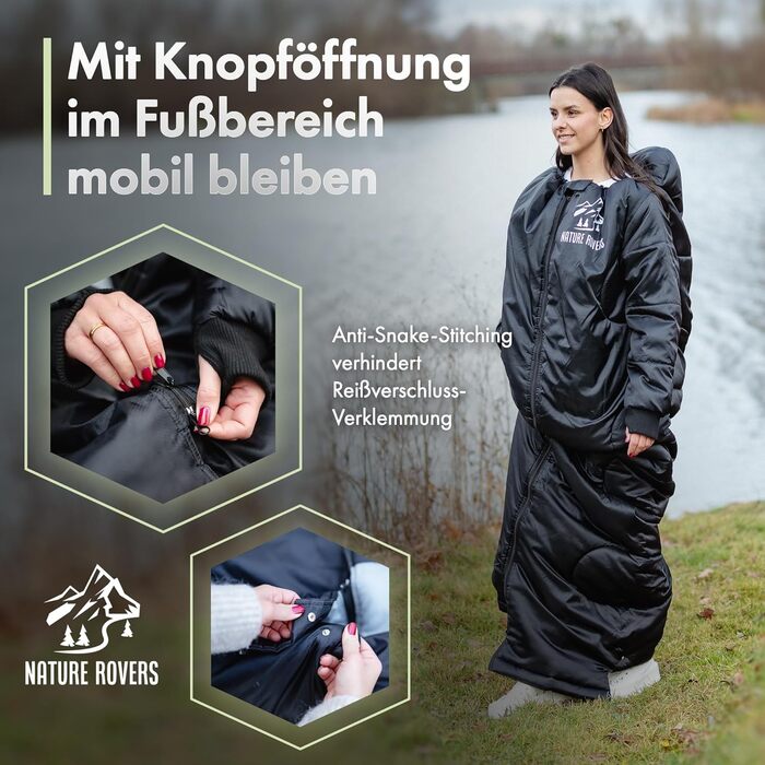 Спальник з рукавами Спальники для дорослих, для активного відпочинку та кемпінгу 3 сезони Спальник-ковдра з отворами біля ніг 220x80 см, водовідштовхувальний В комплекті подушка Nature Rovers Black