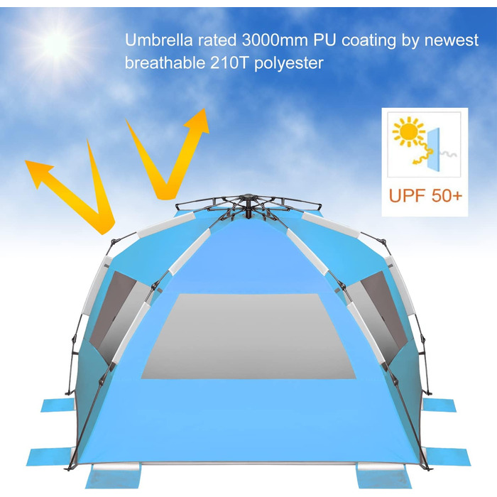 Пляжний намет Oileus XXL, сонцезахисний намет для 5-6 осіб, портативний сонцезахисний намет, миттєвий розкладний пляжний намет з сумкою для перенесення, кілочками, 6 мішками з піском, захист від ультрафіолету для риболовлі, походів, кемпінгу, синій, помар