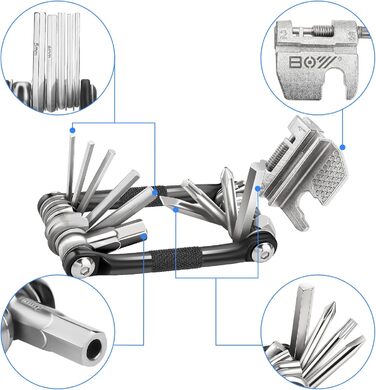Велосипедний мультиінструмент, 17 в 1 Велосипедний інструмент Багатофункціональний інструмент Набір для ремонту велосипеда Кишеньковий інструмент для шосейних і гірських велосипедів, з розривом ланцюга, шестигранним ключем і спицею