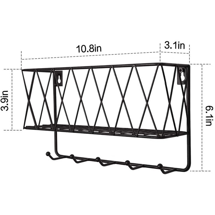 Ключниця настінна, тримач для листів з 5 гачками, міцна чорна металева сітка з матовим покриттям, 2916,59 см Настінна ключниця для