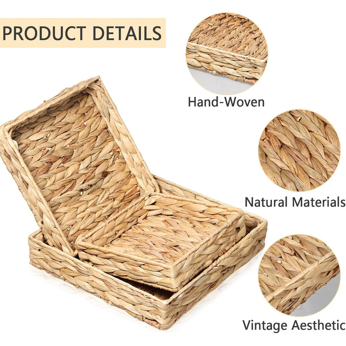 Набір із 3 підносів для зберігання, сплетених з водяного гіацинта та морської трави, квадратні декоративні підноси для подачі, кошики для зберігання ручної роботи з водяного гіацинта для вітальні, їдальні та ванної кімнати, кухні