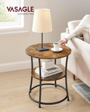 Круглий бічний столик VASAGLE, 2-ярусний журнальний столик, консольний столик, сталевий каркас, для невеликих приміщень, вітальні, спальні, вінтажний коричневий-чорний LET56BX Вінтажний коричневий чорнильний без подовжувача
