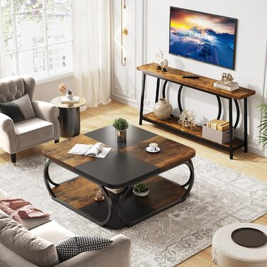 Квадратний журнальний столик Tribesigns для вітальні, 100 x 100 x 50 см, журнальний столик з дерев&39яного композиту, низький столик для сучасної вітальні, рустикальний коричневий чорний