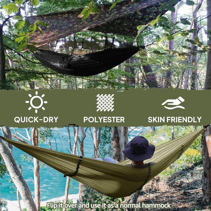 Кемпінговий гамак NATUREFUN Ultralight Mosquito Net 300 кг, вантажопідйомність, (275 x 140 см) дихаючий, швидковисихаючий парашут нейлон в комплекті 2 x Premium Snap Hooks 4 x нейлонові стропи 275 x 140 см Army Green