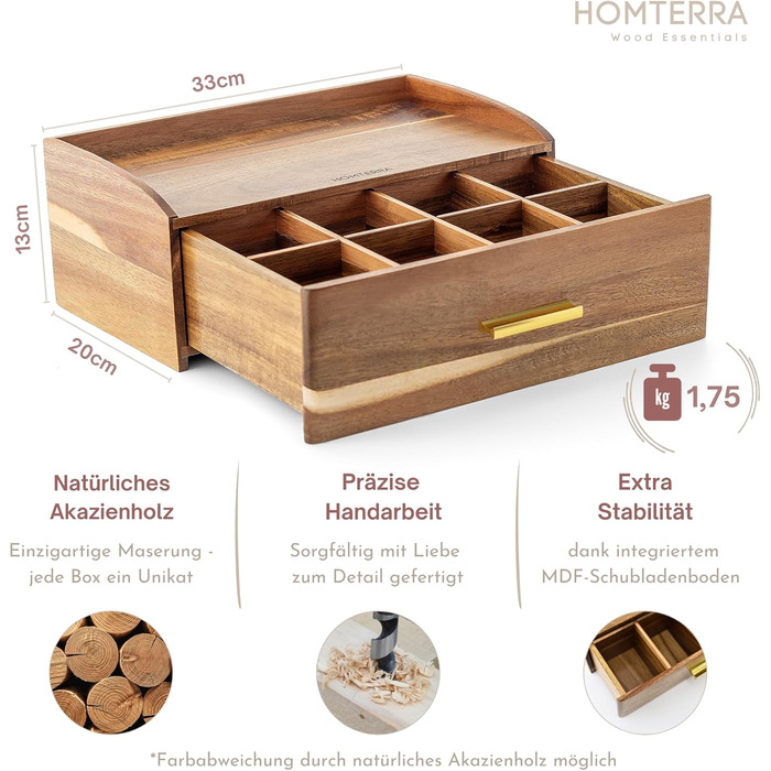 Чайна скринька з дерева акації Стильне сховище для чаю з шухлядою 8 великих відділень (до 144 чайних пакетиків) Органайзер для чайних пакетиків з полицею Розміри 33 см x 20 см x 13 см