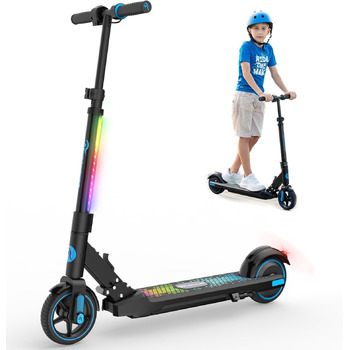 Електричний самокат EVERCROSS EV06C, складаний 6,5-дюймовий електросамокат для дітей 6-12 років, двигун 150 Вт, 3 передачі, акумулятор 2600 мАг, висота 76-96 см, світлодіодний дисплей, різнокольорові вогні, легкий електричний самокат для дітей, синій