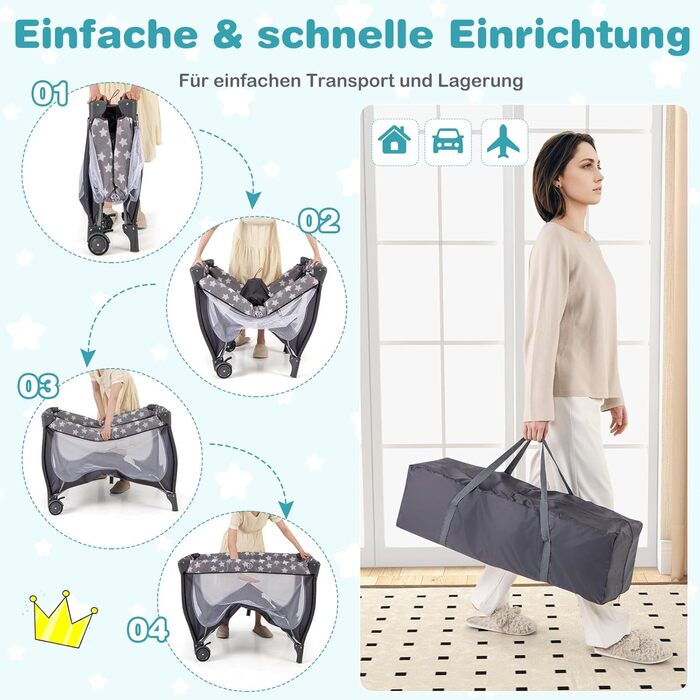 Складане дорожнє ліжечко 102 x 72 см, дитяче ліжечко з матрацом, колесами, москітною сіткою та пеленальний килимок, дитяче ліжечко 3 в 1 для новонароджених та дітей 0-36 місяців (сіре)