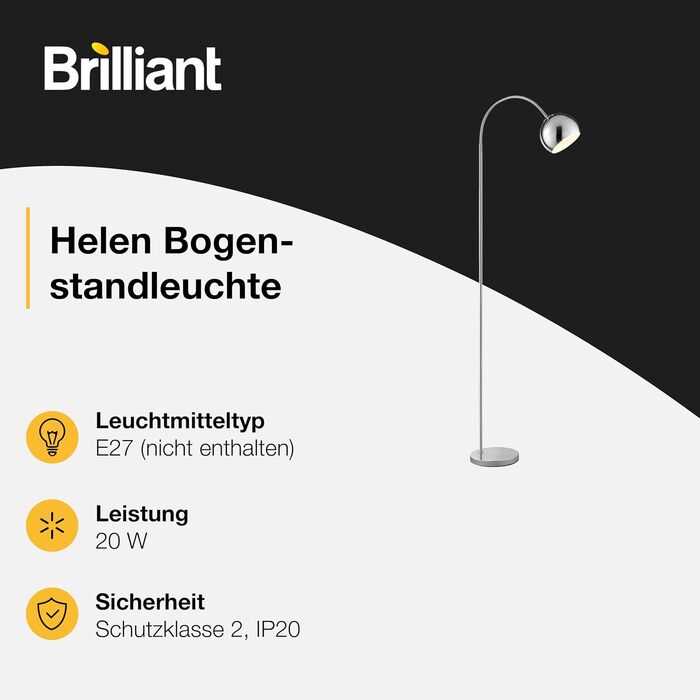 Дуговий торшер Brilliant Helen, цоколь E27, 170х23х51 см, метал, колір хром, сучасний елегантний дизайн для вітальні та зони читання