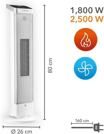 Керамічний тепловентилятор TROTEC TFC 25 E - Теплова потужність 1800 Вт / 2500 Вт - Обігрівач з термостатом, розмір приміщення від