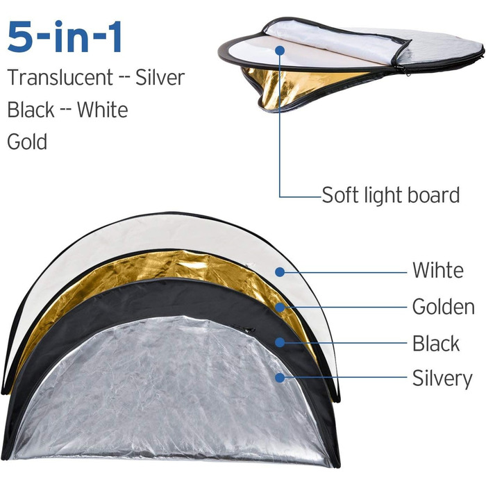 Рефлектор Etekcity 60 см 5-в-1 для фотографії, кілька дисків, складний, з кишенею, прозорий, сріблястий, золотий, білий і чорний Розмір відкритий 24 дюйми (60 см), розмір у згорнутому вигляді 10 дюймів (25 см)