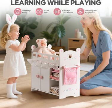 Ліжечко для ляльок ROBOTIME - Дерев&39яний пеленальний столик для ляльок з місцем для зберігання - Постільна білизна та гачки, підходить для ляльок 45,7-53,3 см, Ігровий набір для ляльок-ліжечок для дівчаток віком від 3 років