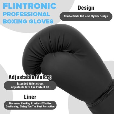 Боксерські рукавички Flintronic, рукавички для кікбоксингу, боксерські рукавички, рукавички для тайського боксу для чоловіків та жінок для муай-тай, ММА, бойових мистецтв, кікбоксингу, спаринг, чорні, 8 унцій
