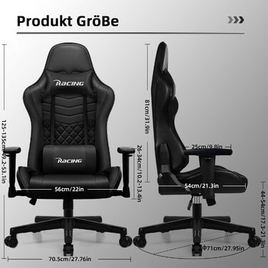 Геймерське крісло, офісне крісло з регульованою поперековою подушкою, підлокітниками та підголівником, функція гойдання ігрового крісла до 170, ігрове крісло зі зручними подушками сидіння, ігрове крісло вантажопідйомністю 150 кг