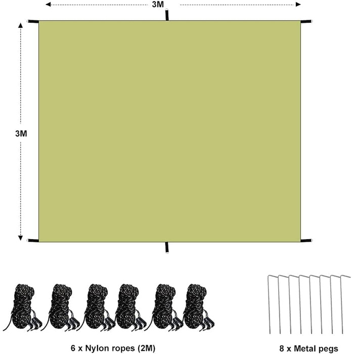 Намет брезент водонепроникний, 3м х 3м кемпінговий брезент ультралегкий гамак тент водонепроникний намет слід намету Оксфорд брезент 2000мм захист від дощу сонця для відкритого пляжу для подорожей, зелений 3х3м зелений