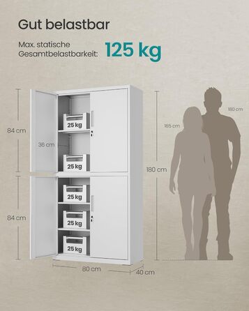 Шафа для документів SONGMICS, багатофункціональна шафа, офісна шафа, з 4 дверцятами та 5 полицями, 40 x 80 x 180 см, 2 замки, регульовані полиці, сталева шафа для зберігання, матово-сірий OMC016G01 40 x 80 x 180 см матово-сірий