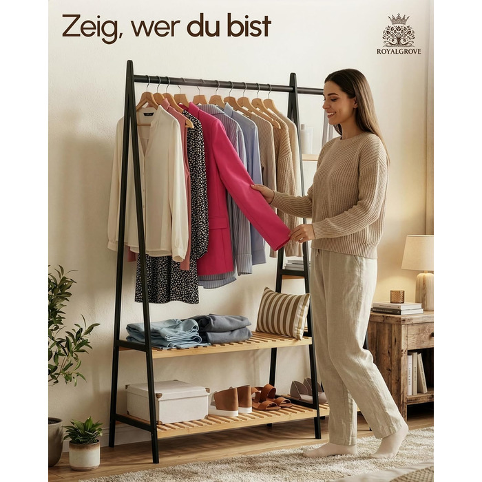 Вішалка для одягу, штанга для одягу, підставка для гардеробу, 44 x 110 x 160 см, шафа, полиця для взуття, відкрита шафа, 7 полиць, спальня, передпокій, бамбук, чорний