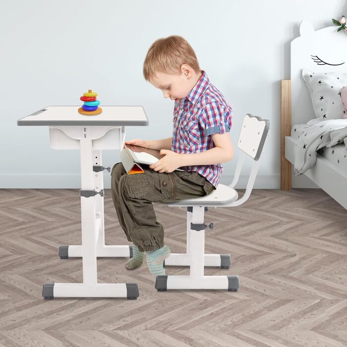 Дитячий письмовий набір, дитячий стіл з регульованою висотою (стіл 64-76 см, стілець 36-42 см), стіл з гачками, шухлядою та лотком для ручок для дітей віком 3-18 років, навчання письму та малюванню (кремово-білий)