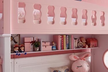 Дитяче двоярусне ліжко JooTech ліжко-горище дитяче ліжко функціональне ліжко зі сходами з полицею з ящиками 3 спальних місця рожев