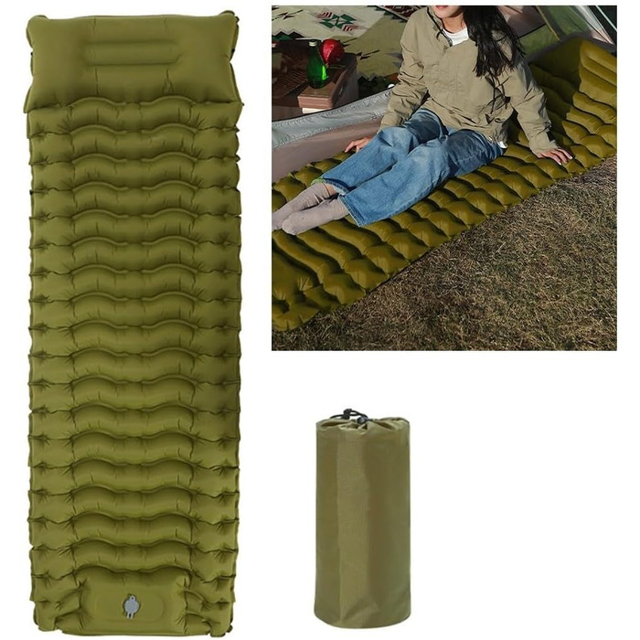 Надувний килимок для кемпінгу - Швидке надування ніг за 20 секунд, 200 x 70 x 10 см, комфортний килимок з картою тіла, зелений