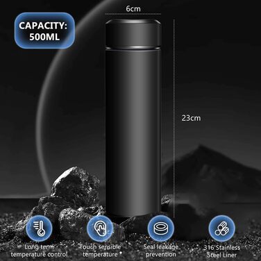 Термос-пляшка з вакуумною ізоляцією об&39ємом 0,5 л, пляшка для води з нержавіючої сталі 304/316, сенсорний світлодіодний дисплей температури, герметична, без BPA, для дому, офісу, подорожей, спорту, чорна термопляшка 500 мл