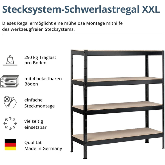 Стелаж SCHULTE Shelf World для важких умов експлуатації з 4 рівнями, 180x160x60 см (ВxШxГ), вантажопідйомність на рівень приблизно 250 кг, чорний текстурований, стелаж для зберігання, стелаж для підвалу, стелаж для майстерні, стелаж без ригелів