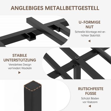 Ліжко VECELO з металевим каркасом 140 x 200 см та товстим дерев&39яним узголів&39ям, каркас двоспального ліжка з металу з рейковою основою, багато місця для зберігання під ліжком, ідеально підходить для спальні, коричневий колір 140 x 200 см, коричневий