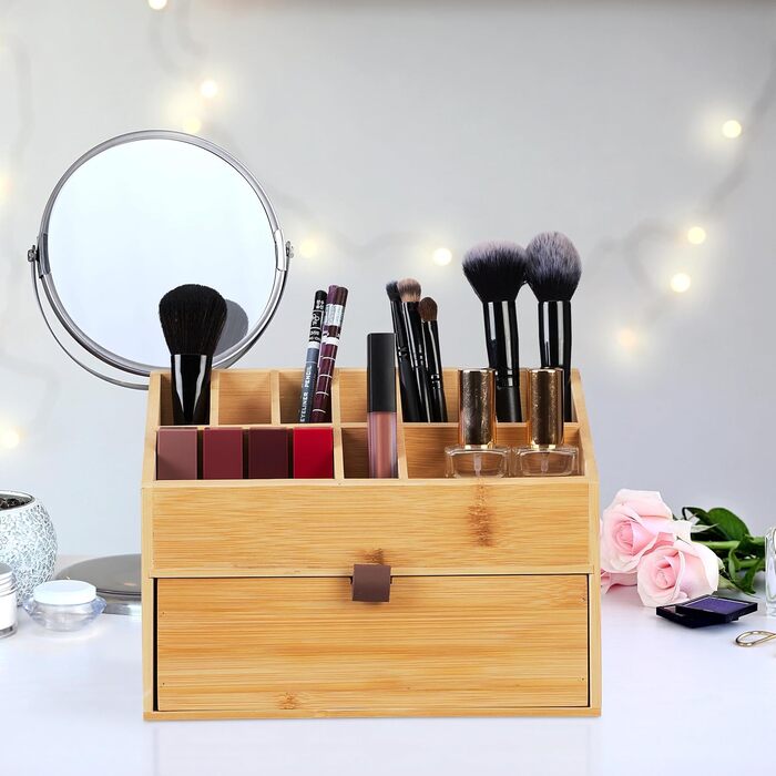 Органайзер для косметики Relaxdays, Органайзер для макіяжу з шухлядою, Тримач для пензлів, Бамбук, ВxШxГ 19 x 25,5 x 12,5 см, Натуральний