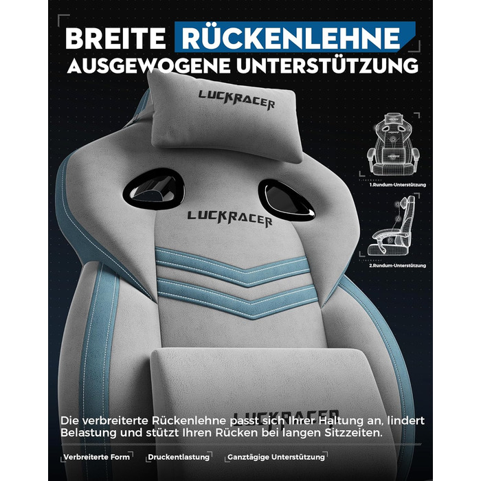 Тканина для ігрового крісла LUCKRACER, офісне крісло з підлокітниками, подушка з піни з ефектом пам&39яті, кут нахилу 90155 та підставка для ніг, міцна функціональна тканина, сіро-сіра тканина