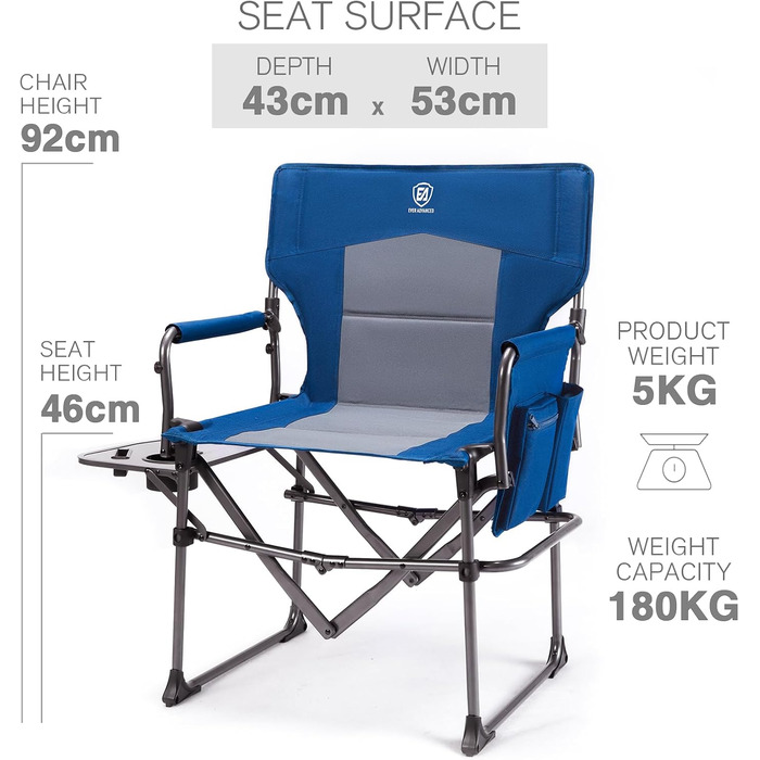 Крісло режисера EVER ADVANCED, складне, вантажопідйомність 180 кг, невеликий розмір упаковки, складне кемпінгове крісло з бічним столиком, портативне складне рибальське крісло з бічною кишенею для кемпінгу, риболовлі, фестивалів, пікніків, синє
