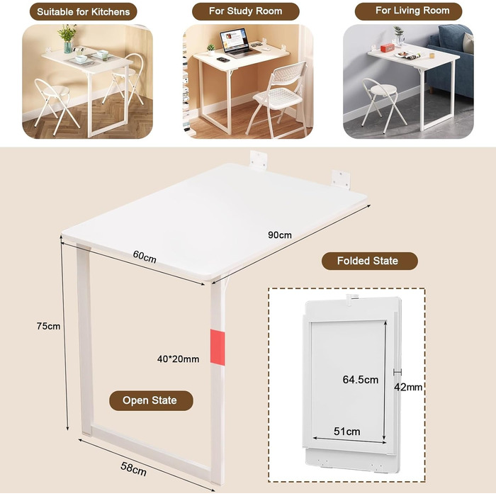 Розкладний стіл Білий настінний стіл Складний компактний настінний розкладний стіл Обідній стіл 9060 см Кухонний стіл Складаний стіл, легке встановлення