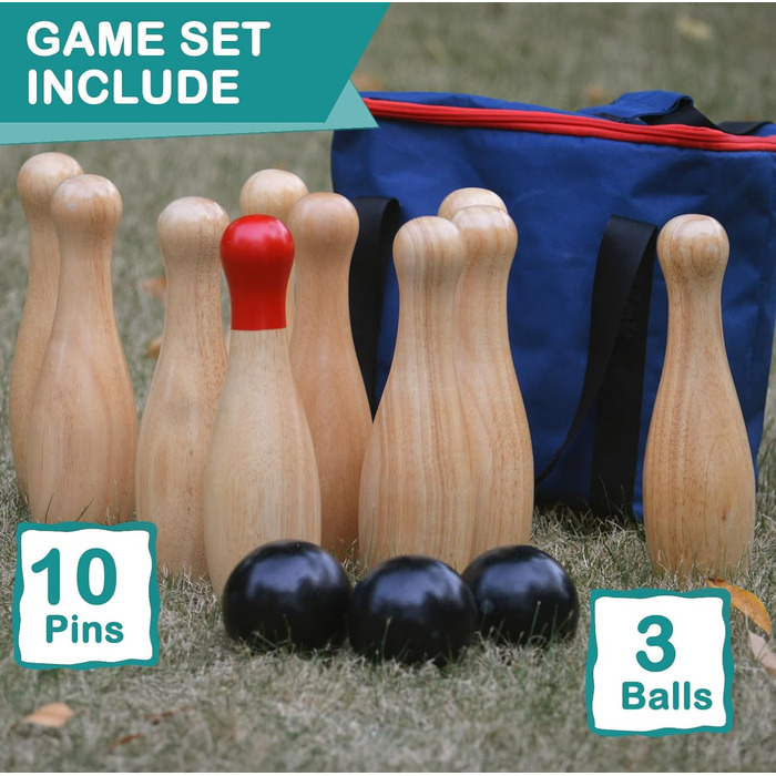 Дерев&39яний набір для боулінгу з пляшками для метання, гра на газоні для всієї родини, ігровий набір з сумкою для перенесення (В 26 см, 10 кілочків 3 м&39ячі) Висота 26 см, 10 кілочків 3 м&39ячі