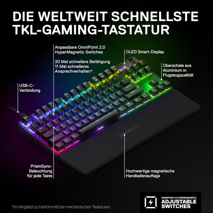 Гіпермагнітна ігрова клавіатура SteelSeries Apex Pro TKL - Найшвидша клавіатура - Налаштовувана чутливість - OLED-екран - PBT-клав