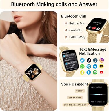 Жіночий смарт-годинник із функцією телефону, сенсорний екран 1,85 дюйма, фітнес-трекер, понад 120 спортивних режимів, водонепроникність IP68, фітнес-годинник із серцевим ритмом, SpO2, монітором сну, крокоміром, смарт-годинник для iOS та Android, золотисти
