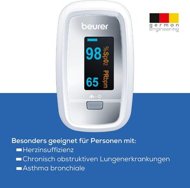 Пульсоксиметр Beurer PO 30, вимірювання насичення крові киснем (SpO) і частоти серцевих скорочень (пульсу), пальцевий оксиметр з кольоровим дисплеєм, безболісне використання на пальці, 6,1 x 3,6 x 3,2 см, білий сірий одинарний