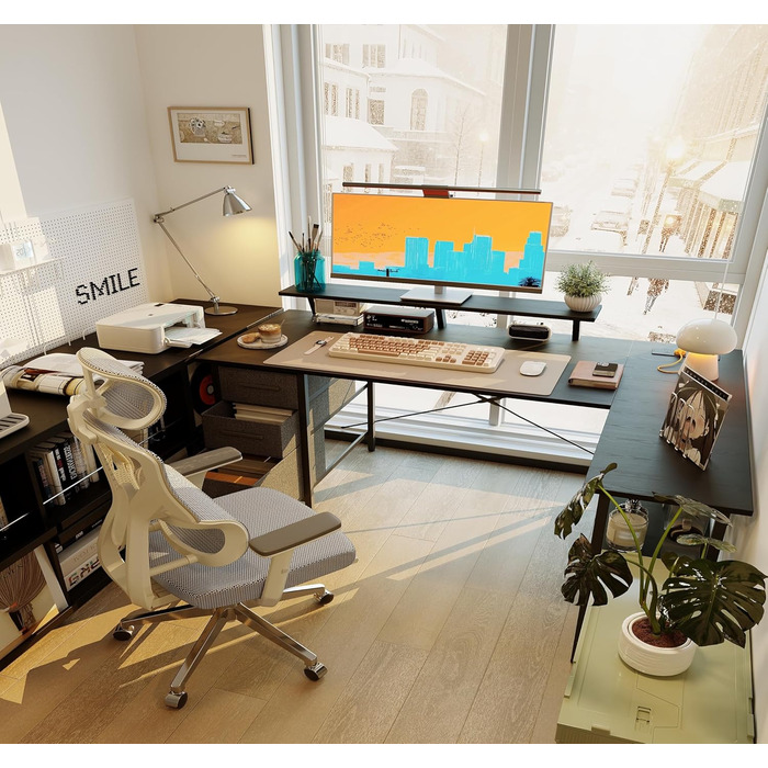 Г-подібний письмовий стіл з 3 тканинними шухлядами, 140 x 80 см. Двосторонній кутовий письмовий стіл з підставкою для монітора, розеткою та USB-портом для зарядки для домашнього офісу, чорний.