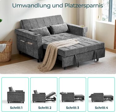 Розкладний диван LINSY HOME 3-в-1, 2-місний диван з функцією сну, розкладний диван-ліжко з шенілу з подушками, бічною кишенею та підставкою для чашок - спальне місце 120 x 190 см сірого кольору 120 x 190 см
