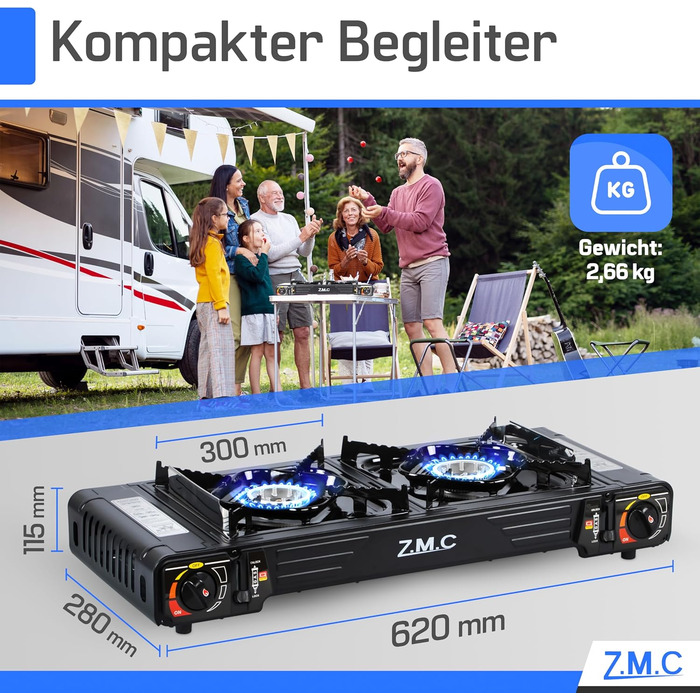Туристична плита ZMC Premium з 2 конфорками, 2,5 кВт, п&39єзоелектричним запалюванням та футляром для перенесення Подвійна газова плита для використання на вулиці, балконі та в приміщенні Комплект газової плити (додатково) включає пластину для гриля 45x24