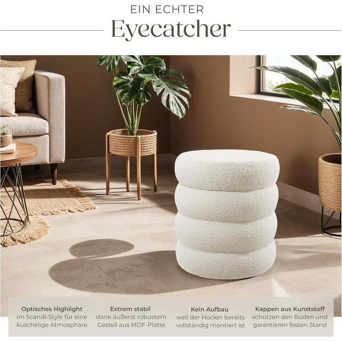 Табурет tectake для зберігання речей, пуф у скандинавському стилі з тканини букле teddy, круглий м&39який табурет для туалетного столика, меблі для вітальні, меблі для коридору, табурет для зберігання речей, Ø 42 x 47 см - букле кремово-білий 42Г x 42Ш x 