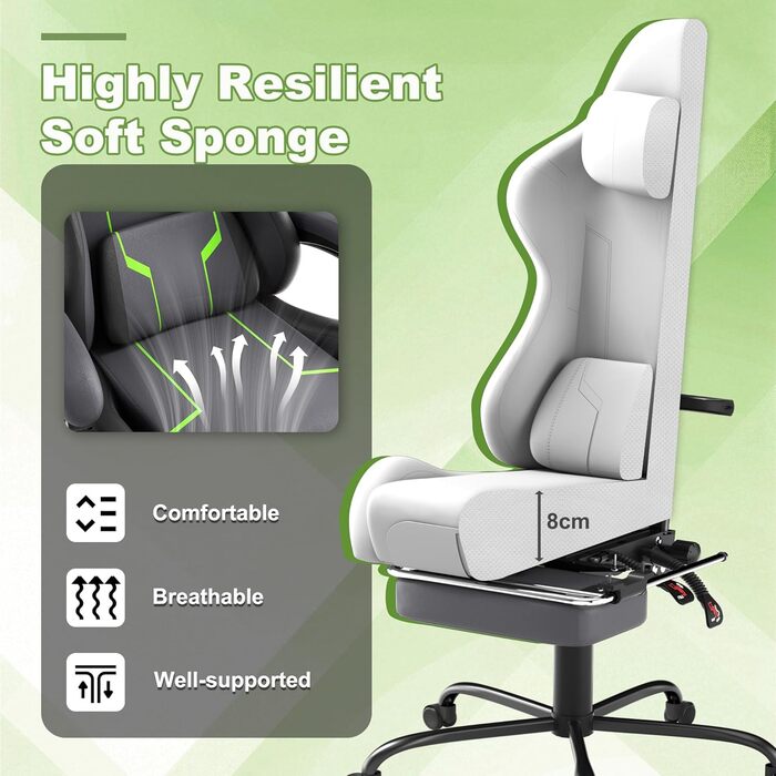 Ігрове крісло з масажем, сіре, ігрове крісло з підставкою для ніг, підголівником та масажною поперековою подушкою, ергономічне офісне крісло, регульована висота для геймерів, ігрова кімната, офіс