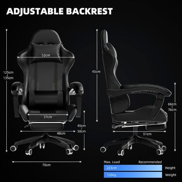 Ігрове крісло Invoker, ергономічне ігрове крісло, комп&39ютерне офісне крісло з підставкою для ніг, регульована спинка 90-135, поворотне крісло для ПК на 360, чорне