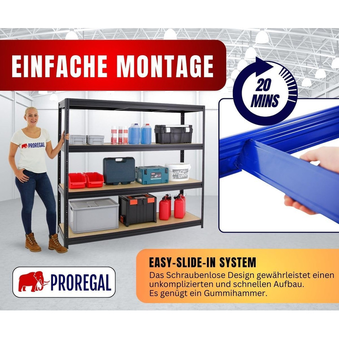 Надміцний стелаж Dino Extra Wide 180x200x60 см, Вантажопідйомність полиці 500 кг, Чорний, Гаражні стелажі, Стелажі для зберігання, Безболтові стелажі, Широкопролітний стелаж 180x200x60 см Чорний Панелі МДФ 6,5 мм