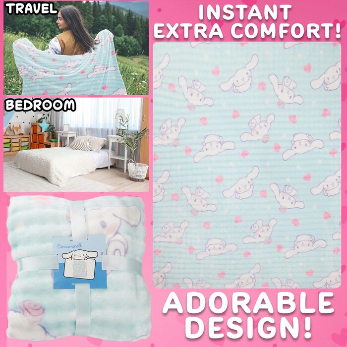 Флісова ковдра Get Trend Cinnamoroll Sanrio 130x150 см, ліцензована, для ліжка, дивана та подорожей, ідея подарунка (білий Cinnamoroll) Білий Cinnamoroll 130x150 см
