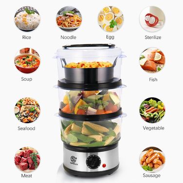 Електрична парогенератор SUPERLEX 7,5 л з 3 контейнерами для пароварки та кришкою Можна мити в посудомийній машині, таймер з паровим двигуном на 60 хвилин, автоматичне вимкнення, без бісфенолу А