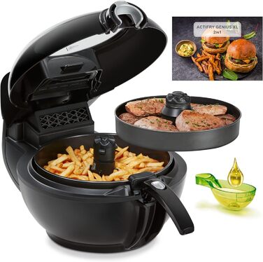 Аерофритюрниця Tefal YV9708 ActiFry Genius XL 2в1 з важелем для перемішування Переможець тесту 1,7 кг на 8 осіб 9 автоматичних меню 2 страви одночасно здорова фритюрниця без олії, чорна ActiFry Genius XL 2в1